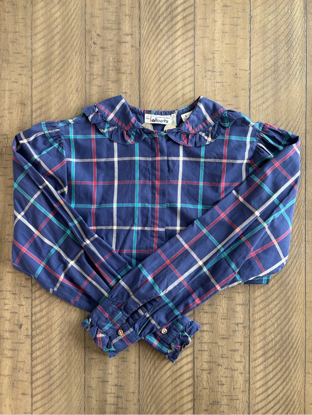 Talbots Navy Plaid Ruffle-Collar Button-Down Top
